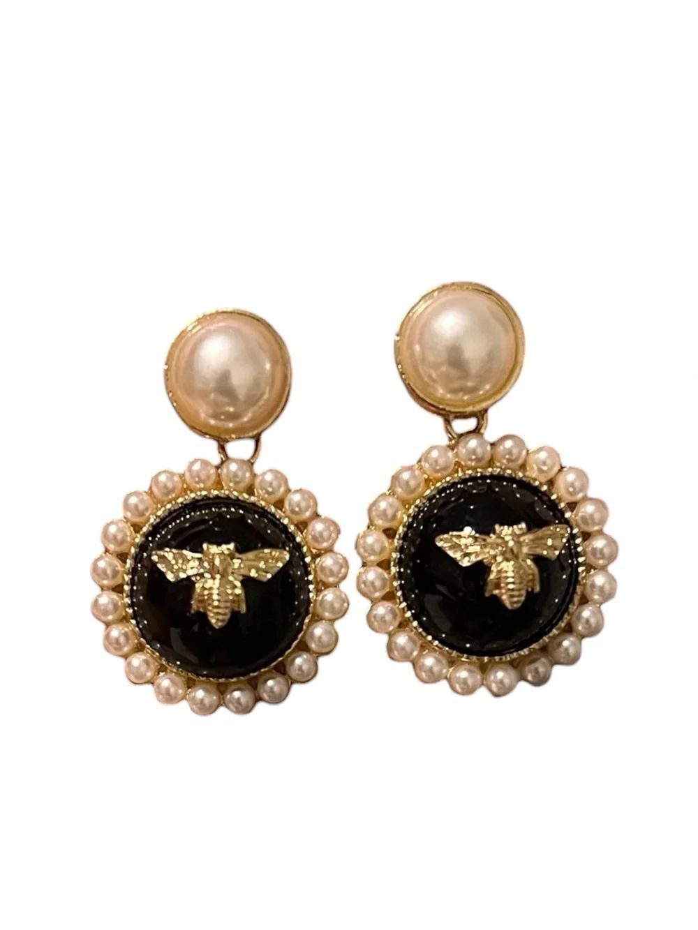 Gold Tone Pearl And Black Bee Drop Earrings